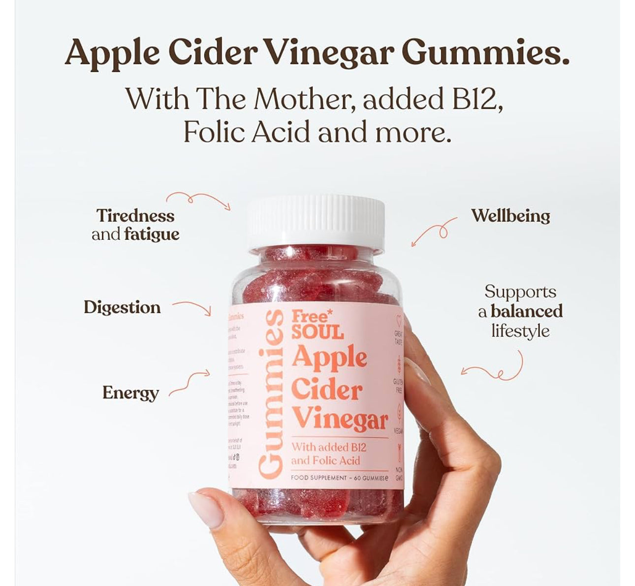 Apple Cider Vinegar Gummies – 1000mg | Vitamin B12 & Folic Acid | Vegan | 60 Gummies